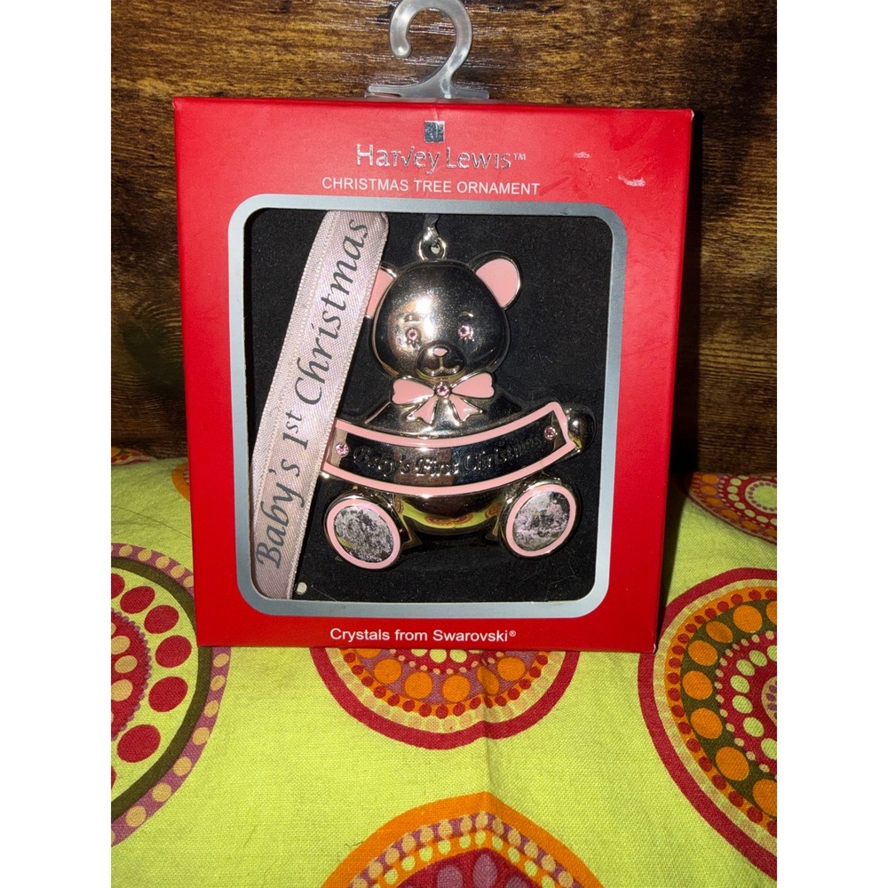 Harvey Lewis 2019 Babys First Christmas Bear Ornament Swarovski Crystals Pink